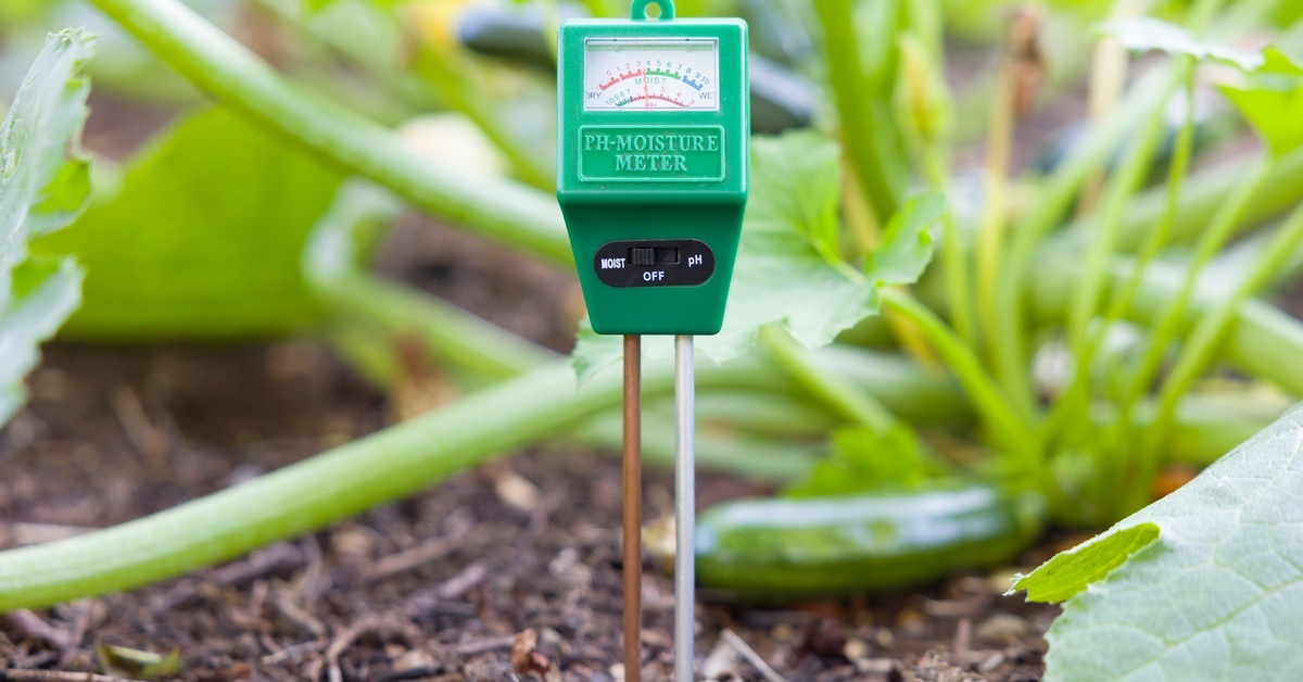 A green device staked into the ground via two metal rods. Attached is a meter with 'moisture,' 'pH,' and 'off' settings.